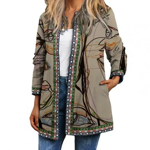 Autumn Women Jackets Female Cardigan Loose Streetwear Women Coat Ethnic Pocket Vintage Anti-shrinking Women Coat Loose Outerwear