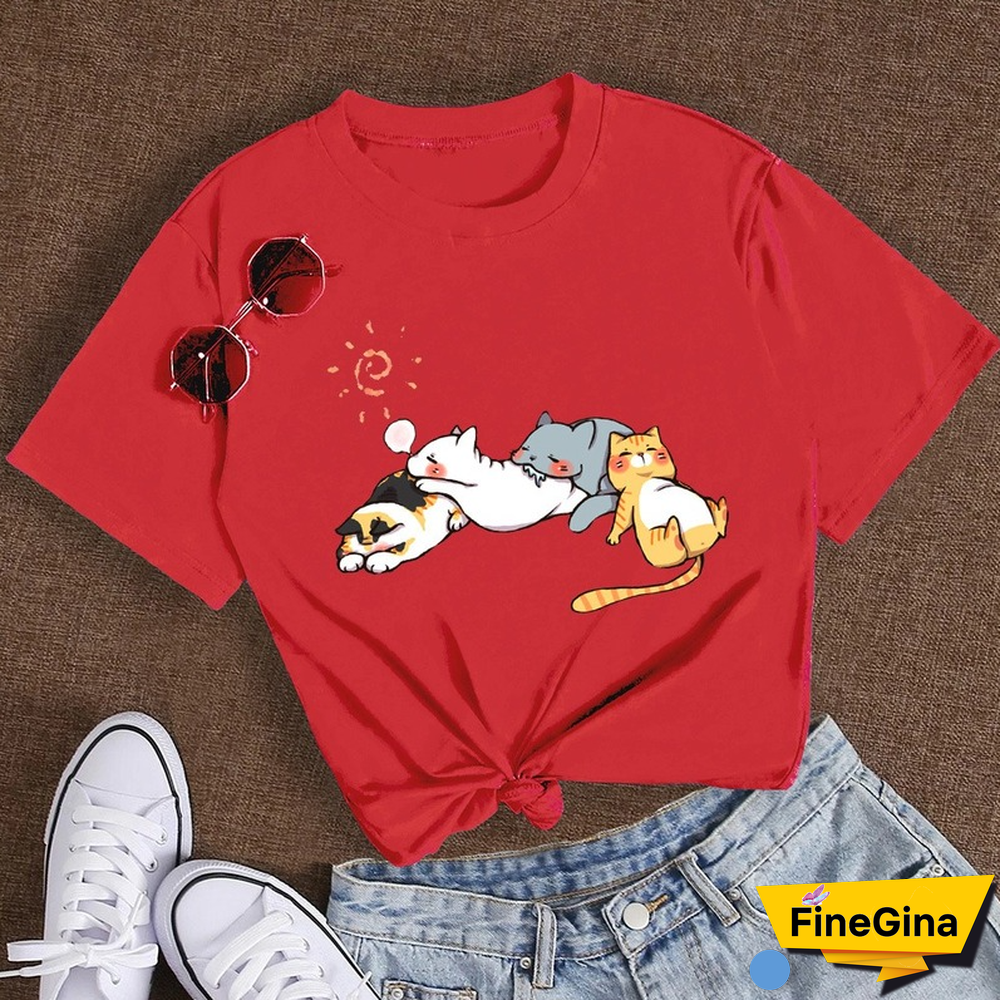 Cotton 100% Women's T Shirt Summer Short Sleeve Nap Cat Print Fashion Kawaii Female Clothes Casual O-Neck Tshirt Ladies Tee Tops