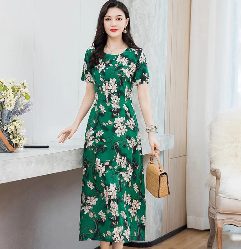 Women Summer Dress Plus Size 5XL Loose Middle-aged Mother Casual Short Sleeve Long Dress O-Neck Floral Print Cotton Dresses