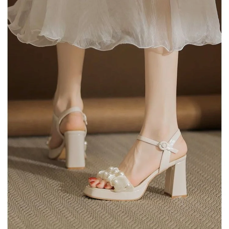 Toloer Toloer Open-Toe Sandals For 2024 New Summer French Dress With Pearl Heels-Outfit Ideas
