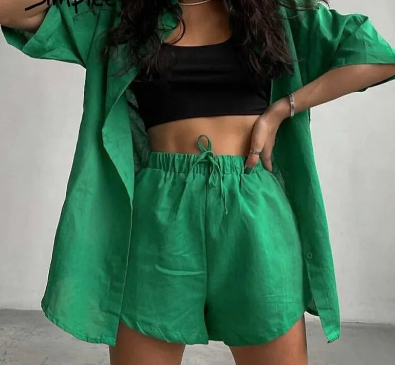 Casual Lace Short Sleeve Summer Set Women Loose Button Two-Piece Sport Sets Elastic Waist