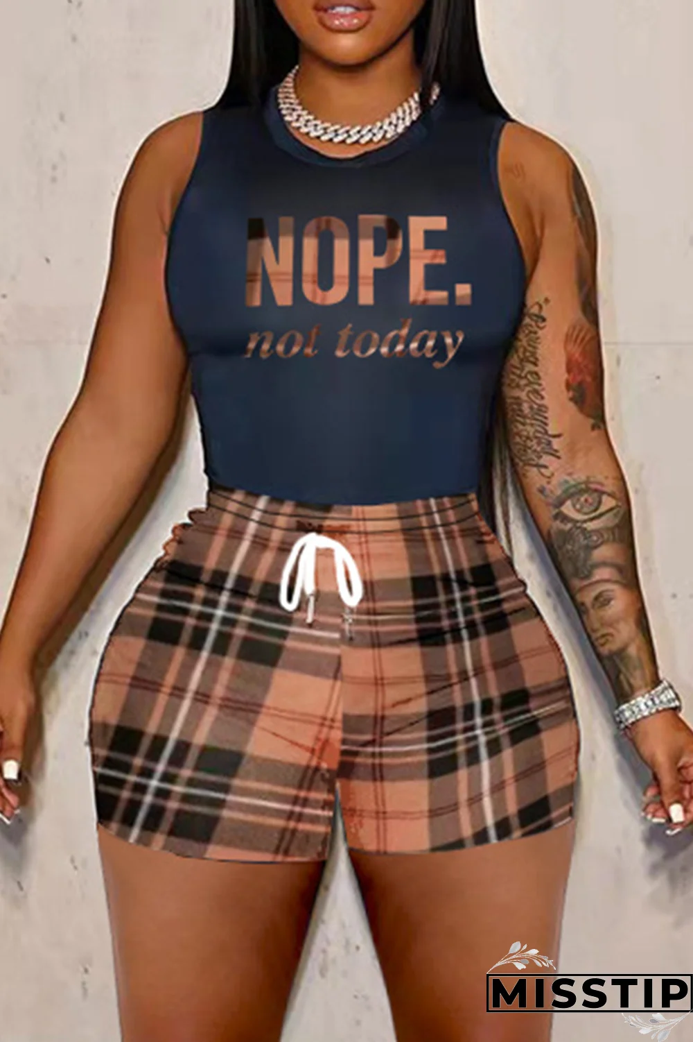 Red Casual Plaid Patchwork O Neck Plus Size Two Pieces