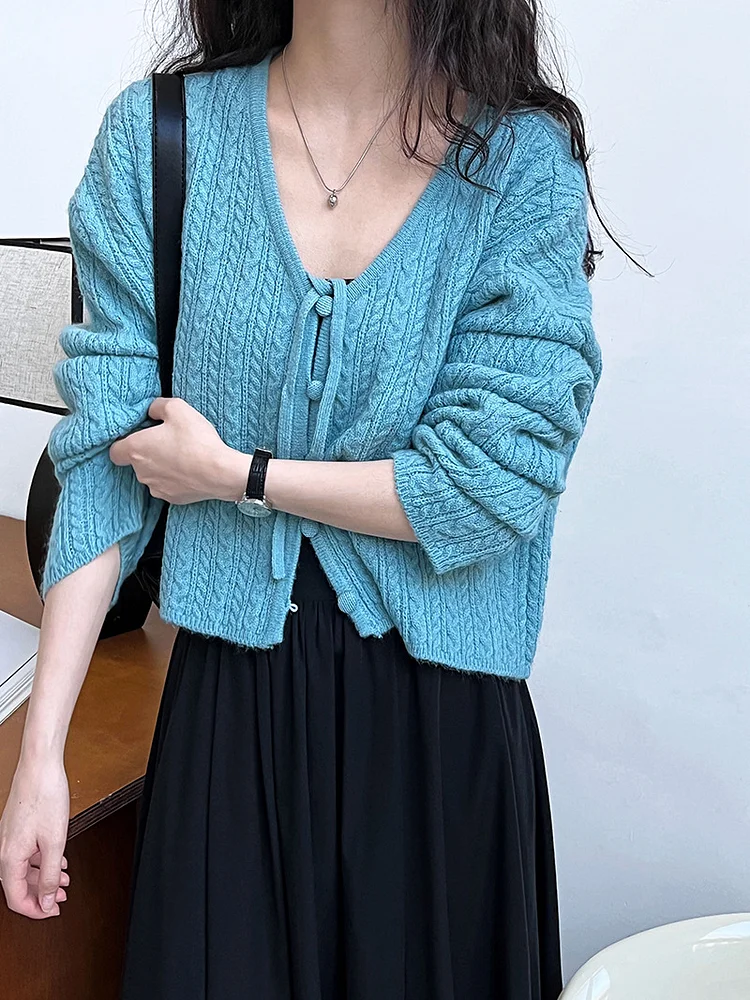 Gentle Style Lace-up Button Knit Outerwear