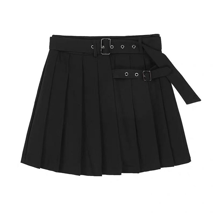 Double Buckle Black Pleated Skirt