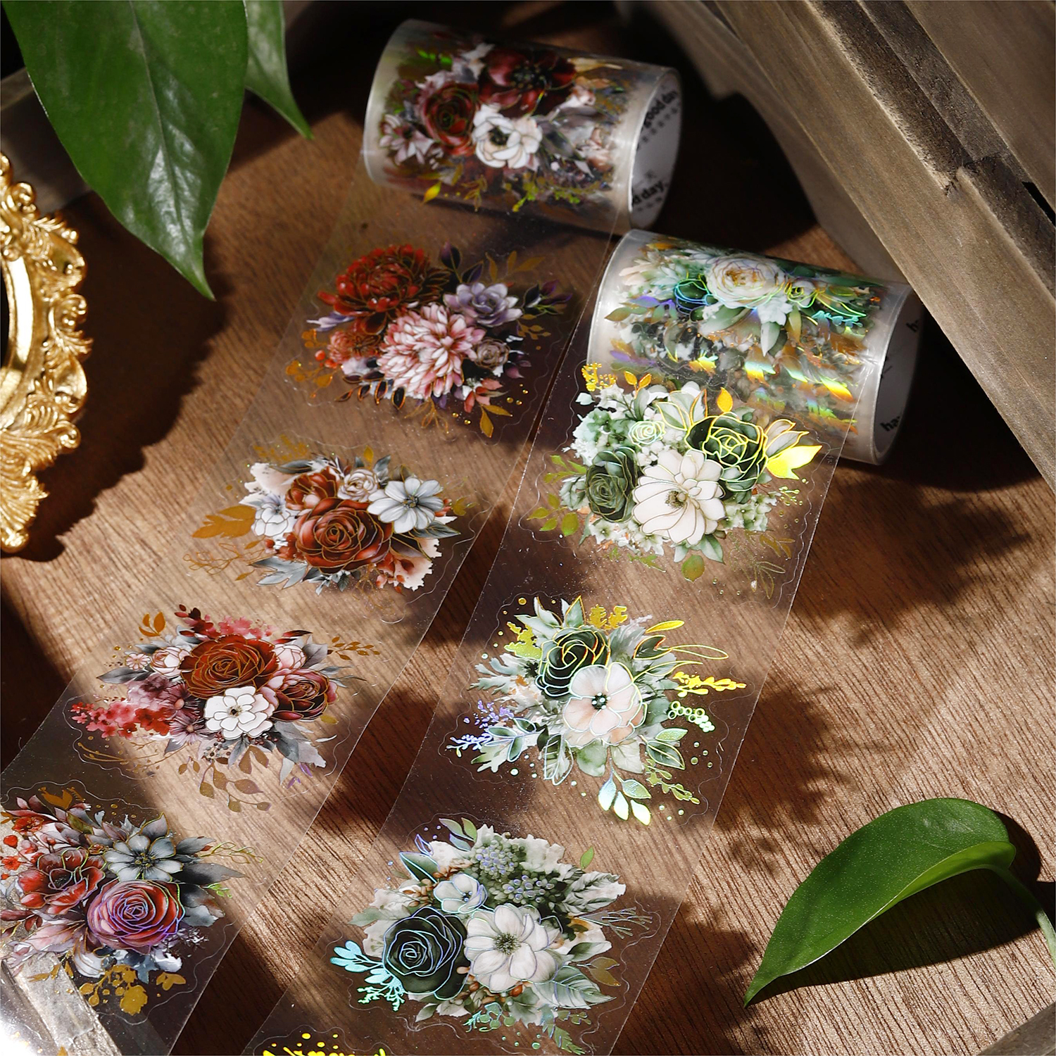 저널세이 60mm*200cm 미드나잇 가든 시리즈 빈티지 식물 꽃 브론징 PET 테이프