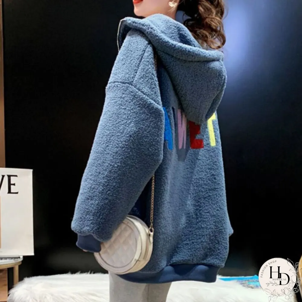 Winter Warm Embroidery Letter Wool Coats With Hood Women Loose Casual Korean Fashion Lady