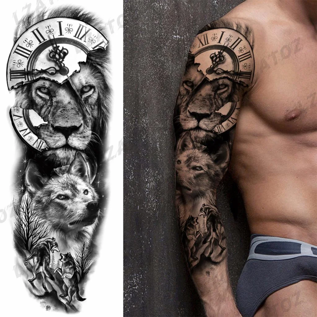 Sdrawing Sleeve Temporary Tattoos For Men Women Realistic Pirate Ship Wolf Tiger Skull Rose Flower Fake Tattoo Sticker Arm Tatoos