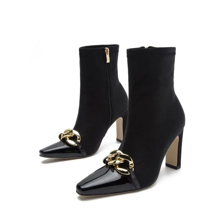Contrast Metal Chain Pointed Toe High Heel Sock Ankle Boots