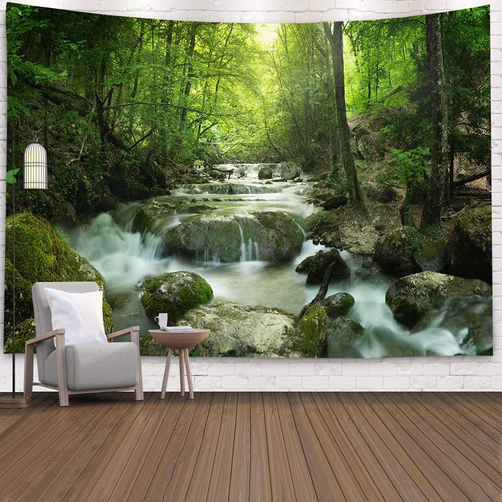 Natural 3D Waterfall Tapestry Beach Towel Landscape Primeval Forest Stream Printing Wall Carpet Yoga Mat Home Art Tapestry Decor