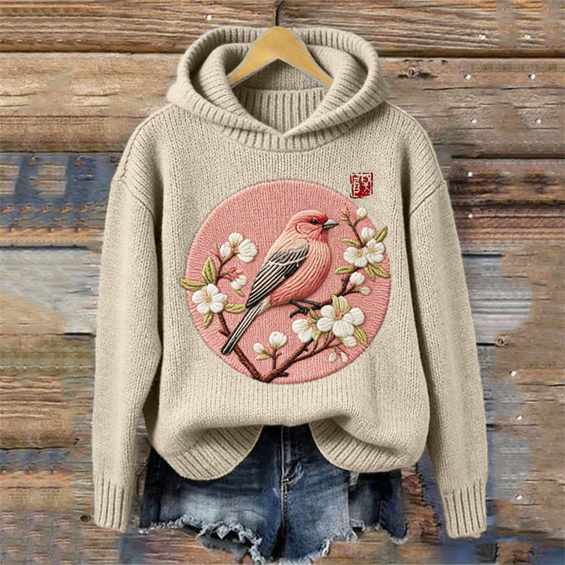Japanese Bird & Plum Blossom Cozy Knit Hooded Sweater wearshes