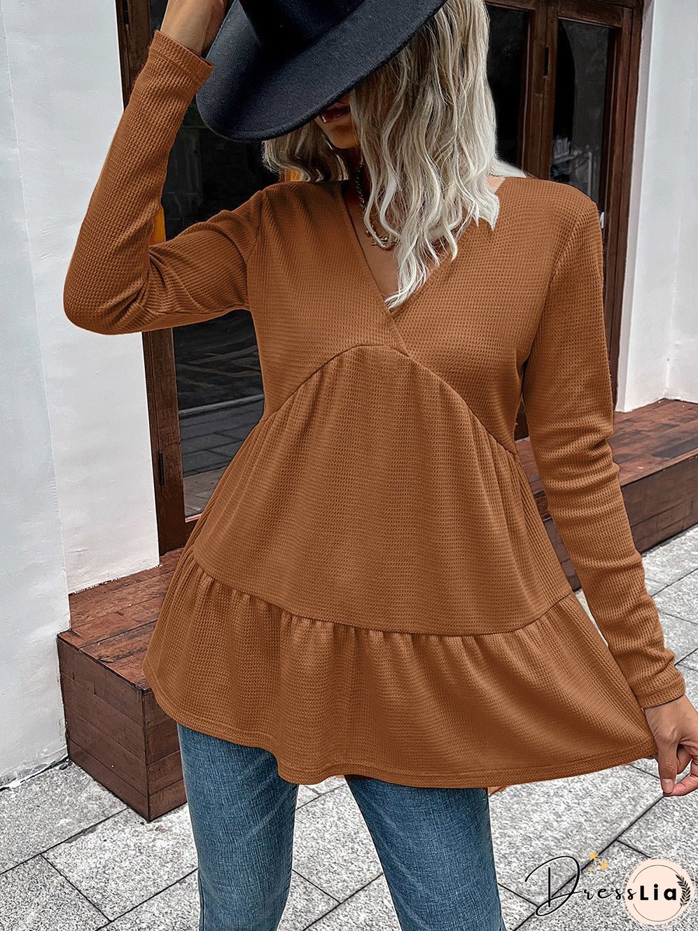 Waffle-Knit V-Neck Long Sleeve Blouse