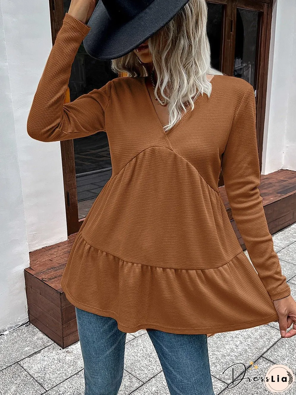 Waffle-Knit V-Neck Long Sleeve Blouse