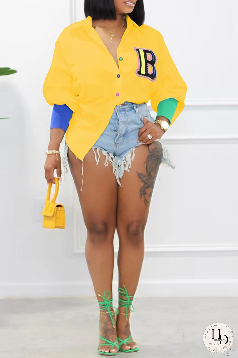 Yellow Casual Print Patchwork Turndown Collar Shirt Dress Dresses