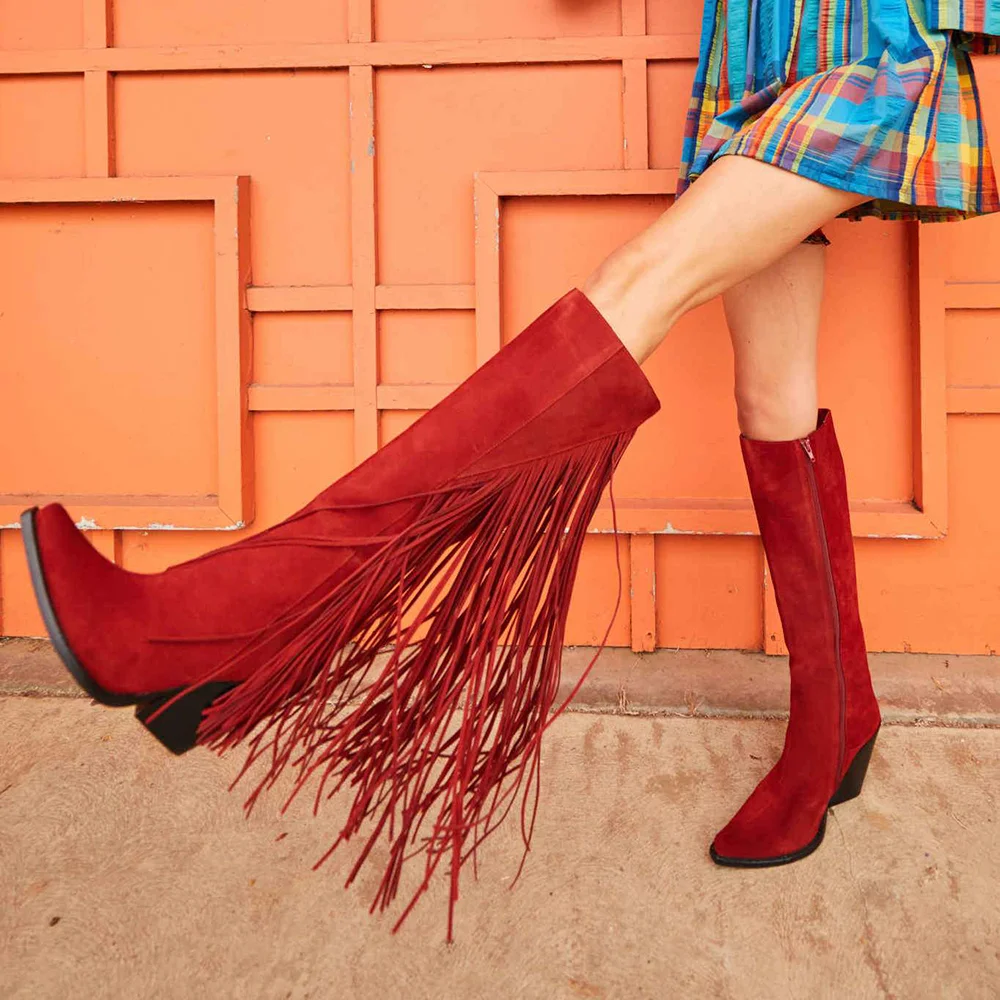 Red Tassel Knee Boots Side Zip Boots