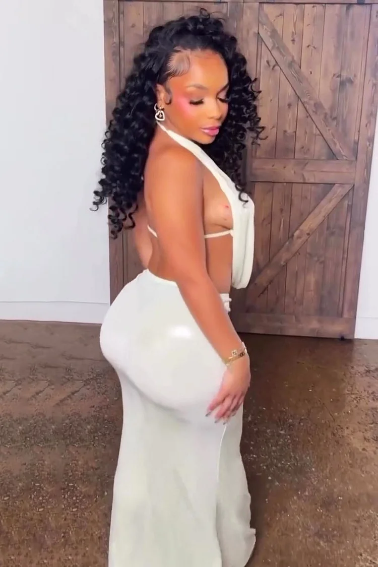Halter Plunging Neck Top Slim-Fit Maxi Skirt Party 2pcs Set-White [Pre Order]