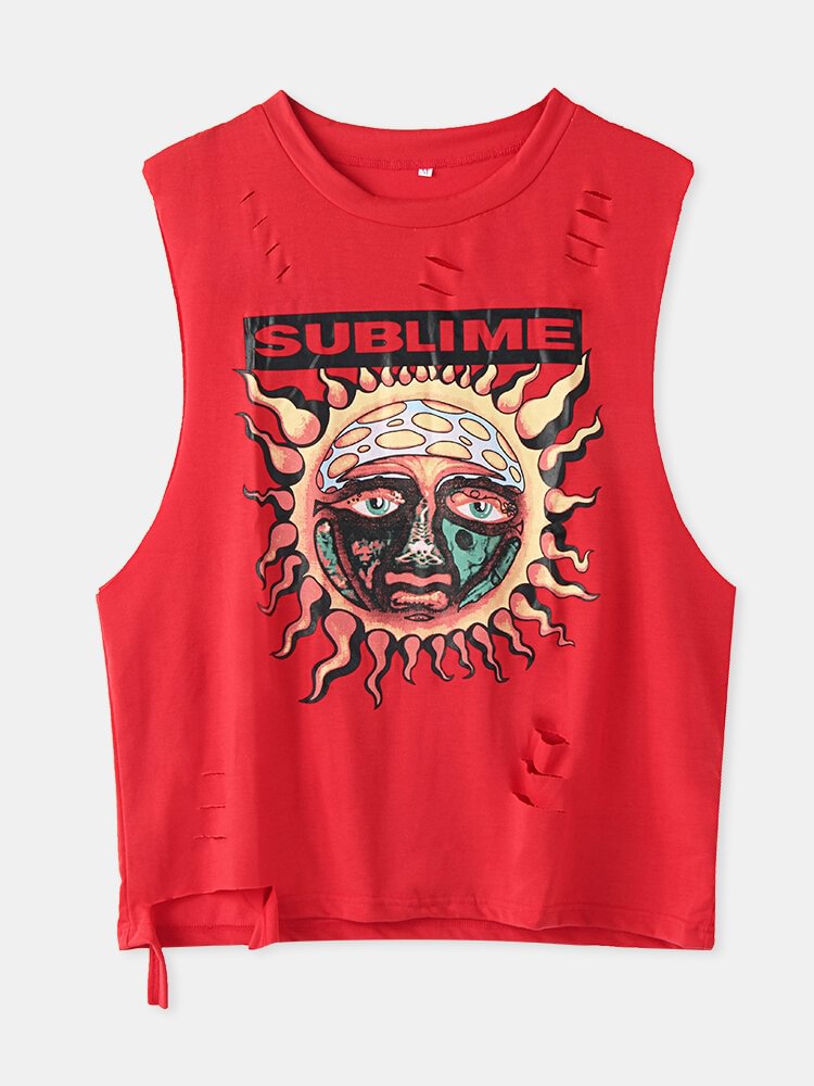Cartoon Sun Letters Print Sleevess Ripped O neck Casual Tank Top P1801033