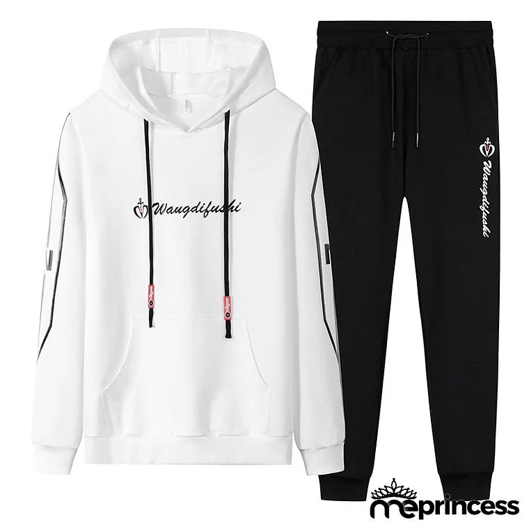 Men Plus Size Casual Long Sleeve Hat Rope Pocket Design Letter Printed Hoodie And Drawstring Waist Jogger Pants Two-piece Set