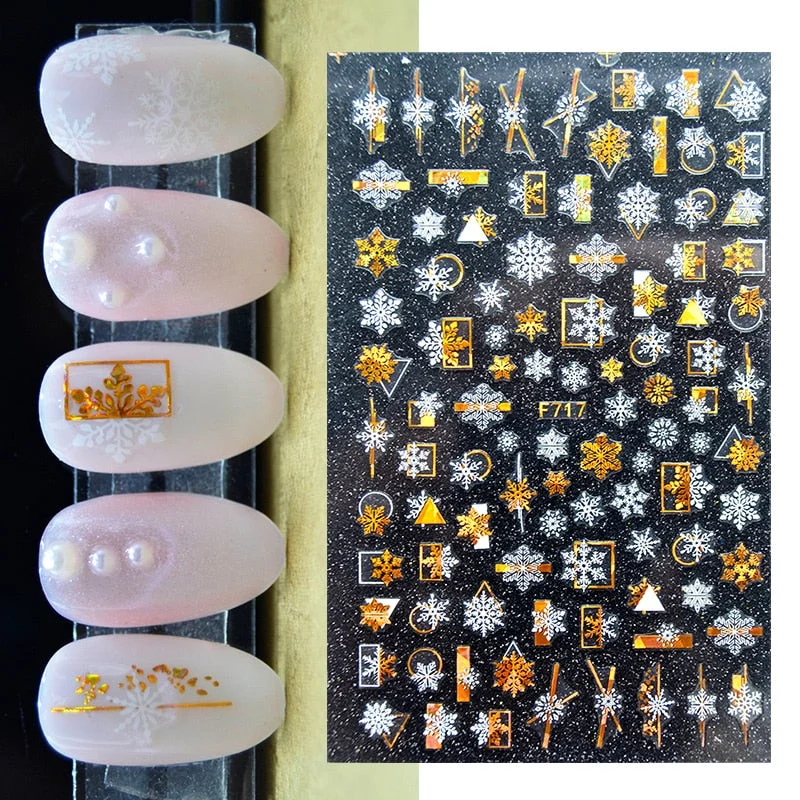 Gold Bronzing 3D Christmas Nail Art Decoration Sticker Sparkly White Colorful Glitter Geometry Snowflake Winter Slider Nail Foil