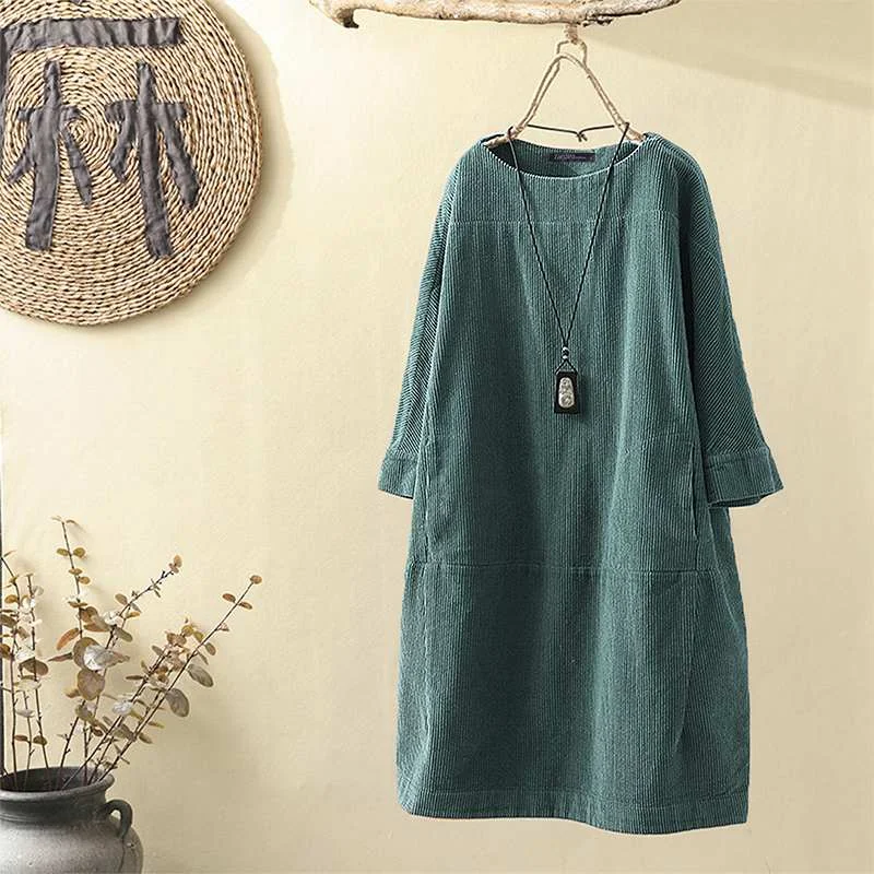 Vintage Corduroy Mini Dress Women's Autumn Sundress ZANZEA 2022 Casual Long Sleeve Tunic Vestidos Female Solid Hoodies Robe