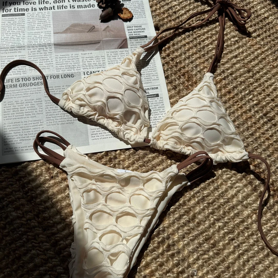 Sdrawing 2025 Sexy Bare Back Cloth Splicing Drawstring Strap Split Swimsuit Bikini