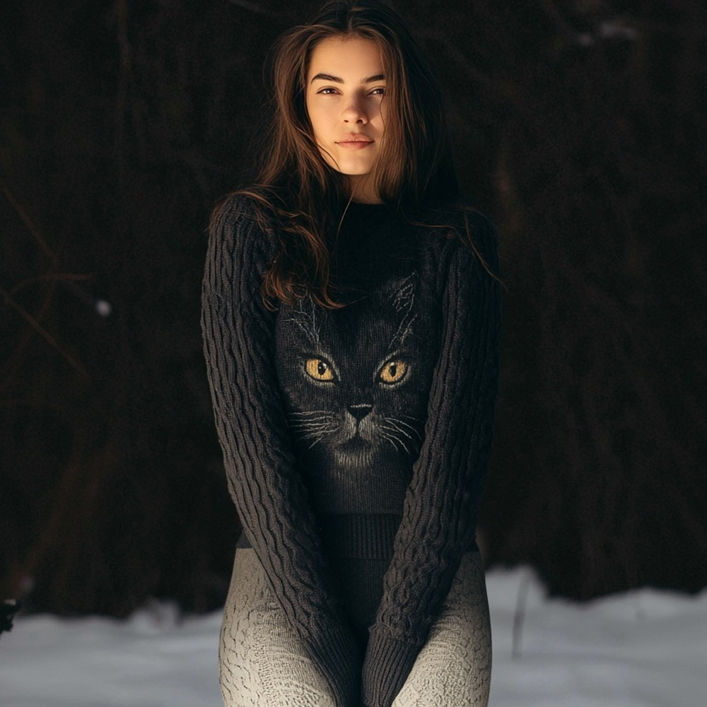Cute Black Cat Face Pattern Cozy Knit Sweater