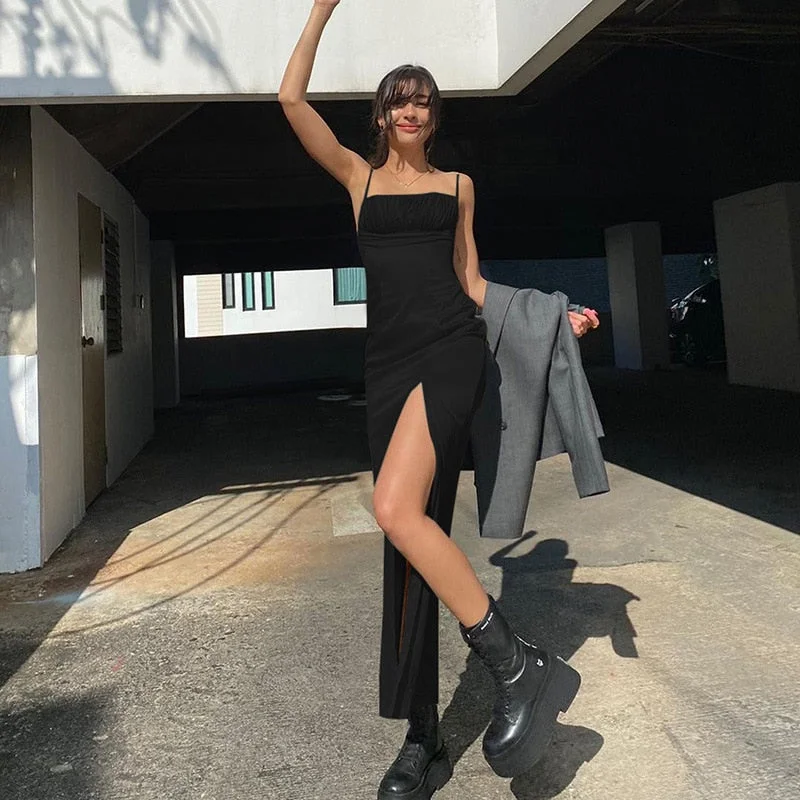 Black Spaghetti Strap Maxi Dress Women Sexy Ruched Bandage Slim Christmas Dress Elegant High Split Vestido New Year 2023