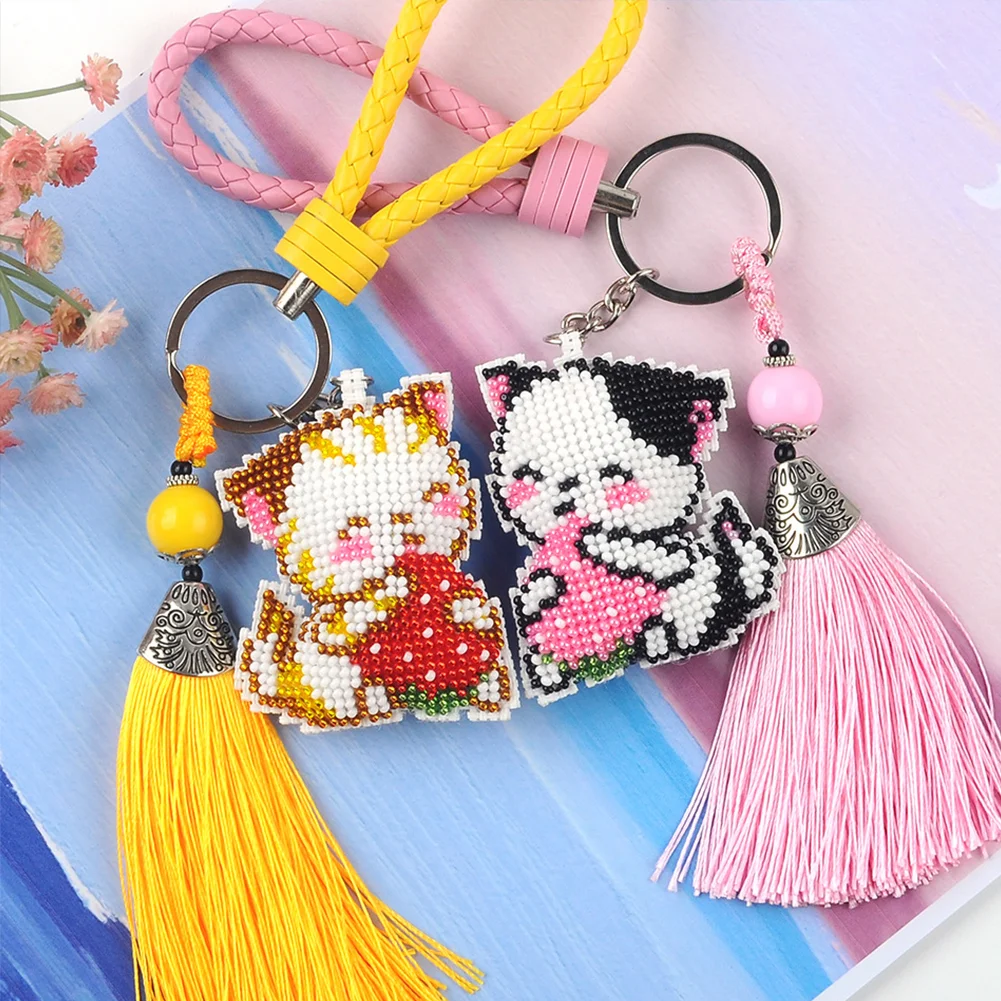 2Pcs Strawberry Cat - Stamped Bead Embroidery - Keychain
