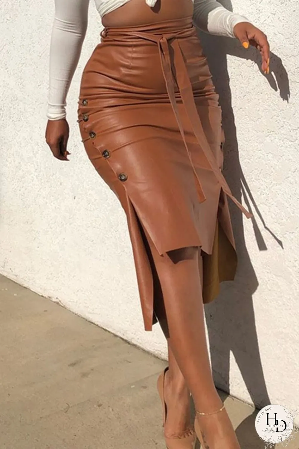 Brown Drawstring sleeveless high patchwork solid bandage split a-line skirt capri pants