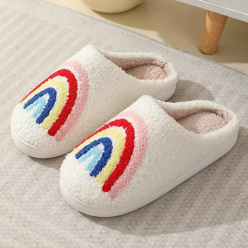 Zhungei New Fashion Rainbow Winter Slippers Women Soft Sole Warm Plush Home Slippers Woman Flat Heels Fluffy Fuzzy Indoor Slippers