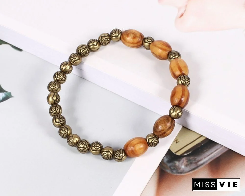 4pcs/set Wooden Beads Bracelet Multicolor Women Boho Bangles With Hollow-out Pendant