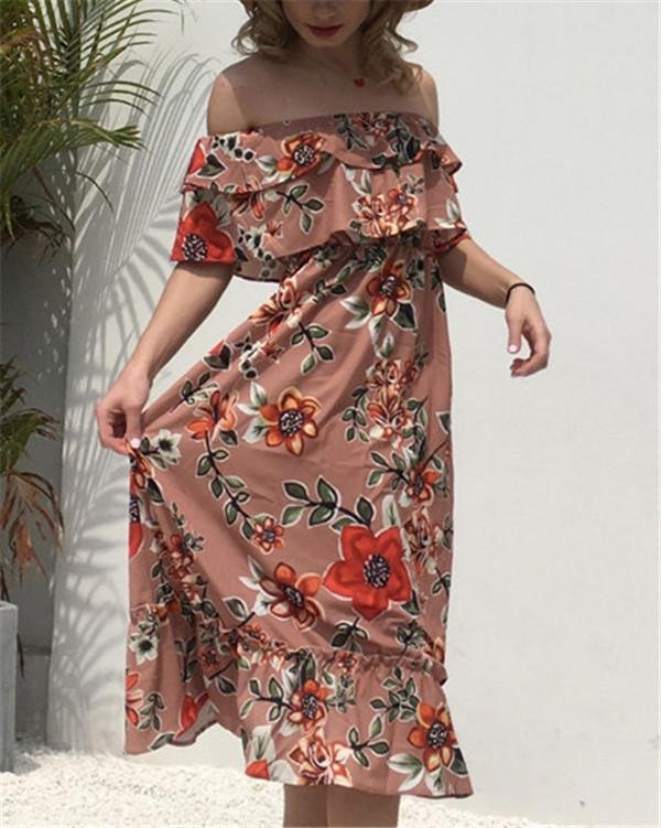 Chiffon Off Shoulder Floral Printed Midi Dress - Chicaggo