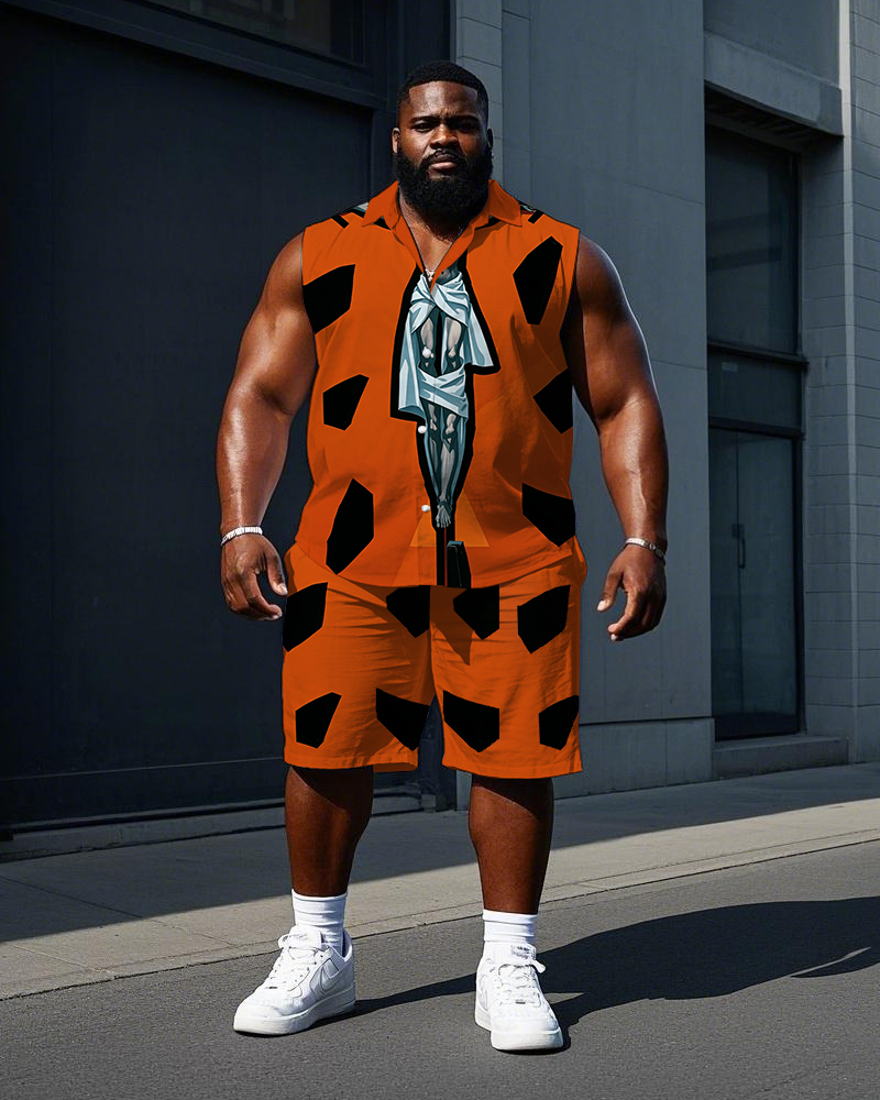 Big Men's Funny Vintage Nostalgic Movie Orange Sleeveless Shirt and Shorts Set