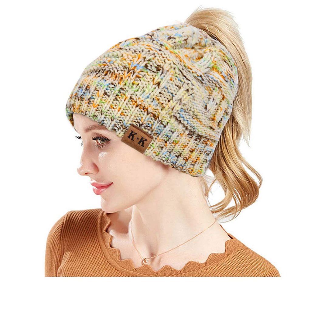 Women Knit Winter Hat Stretch Ponytail Beanie Hat Messy Bun BeanieTail Cable Knit Slouchy Warm Hat