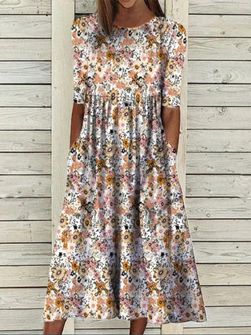 Women's Short Sleeve Scoop Neck Floral Printed Graphic Midi Dress