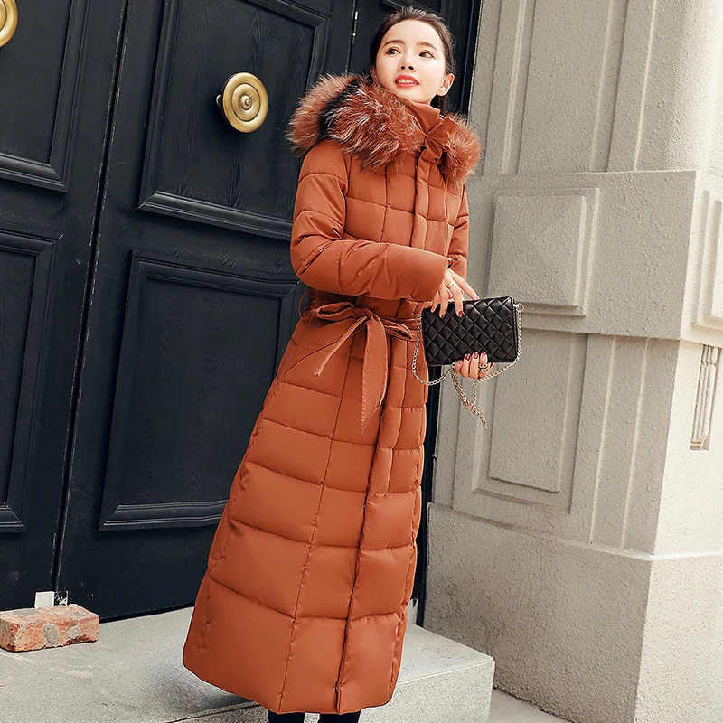Woherb Cotton-Padded Clothes Female Over The Knee Long Style 2023 New Winter Dress Korean Version Slim Add Thick Big Wool Collar Large Size Down Cotton Jacket Cotton-Padded Jacket-Outfit Ideas