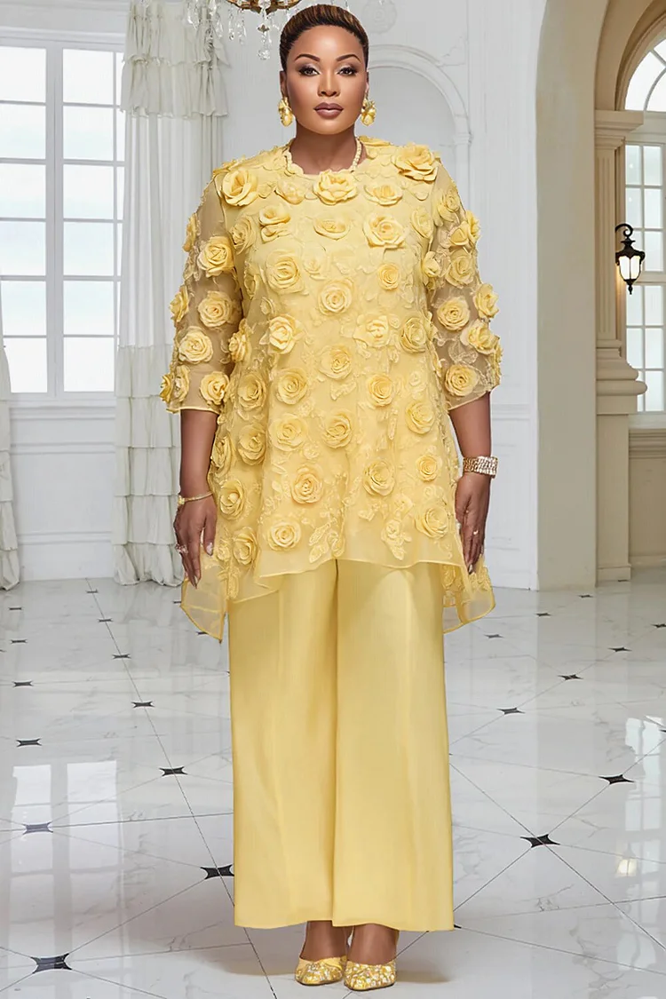 Xpluswear Design Plus Size Mother Of The Bride Yellow Round Neck 3/4 Sleeve 3D Pocket Chiffon Two Piece Pant Sets 2024 - Xpluswear