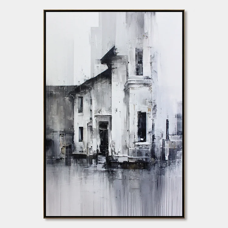 ARCHITECTURAL ECHO: Monochrome Abstract Cityscape Painting（Canvas painting）