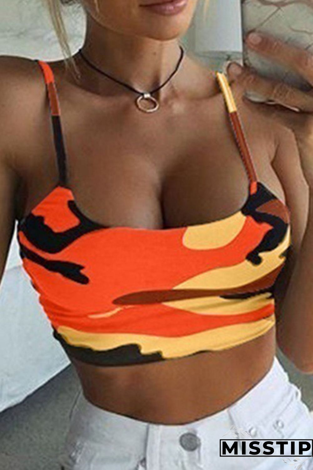 Grey Sexy Street Print Patchwork Spaghetti Strap Tops