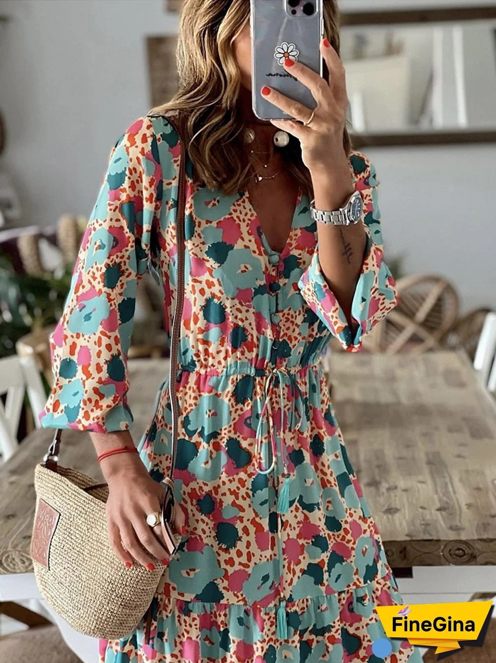 Vintage Boho Print Long Beach Dress Ladies Summer Casual 3/4 Sleeve V Neck Waist Lace-up Dress Women Fashion Button Loose Dress