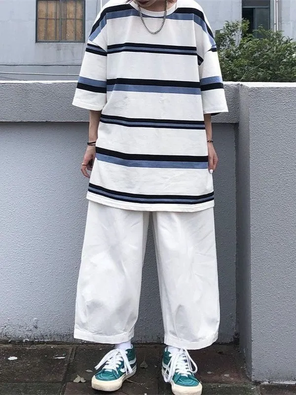 Brownm Contrast Color Hip Hop Oversized Stripe Short Sleeve Top
