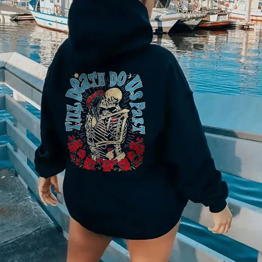 TILL DEATH DO US PART Kiss Skeleton Flowers  Black Print Hoodie
