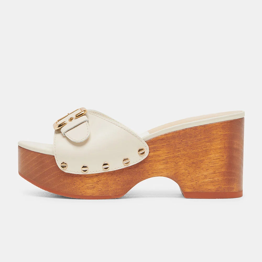 White Open Round Toe Studded Platform Mules Sandals with Buckle