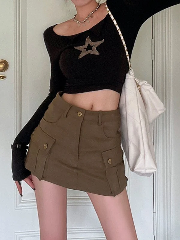 Brownm Patch Long Sleeve Knit Crop Top