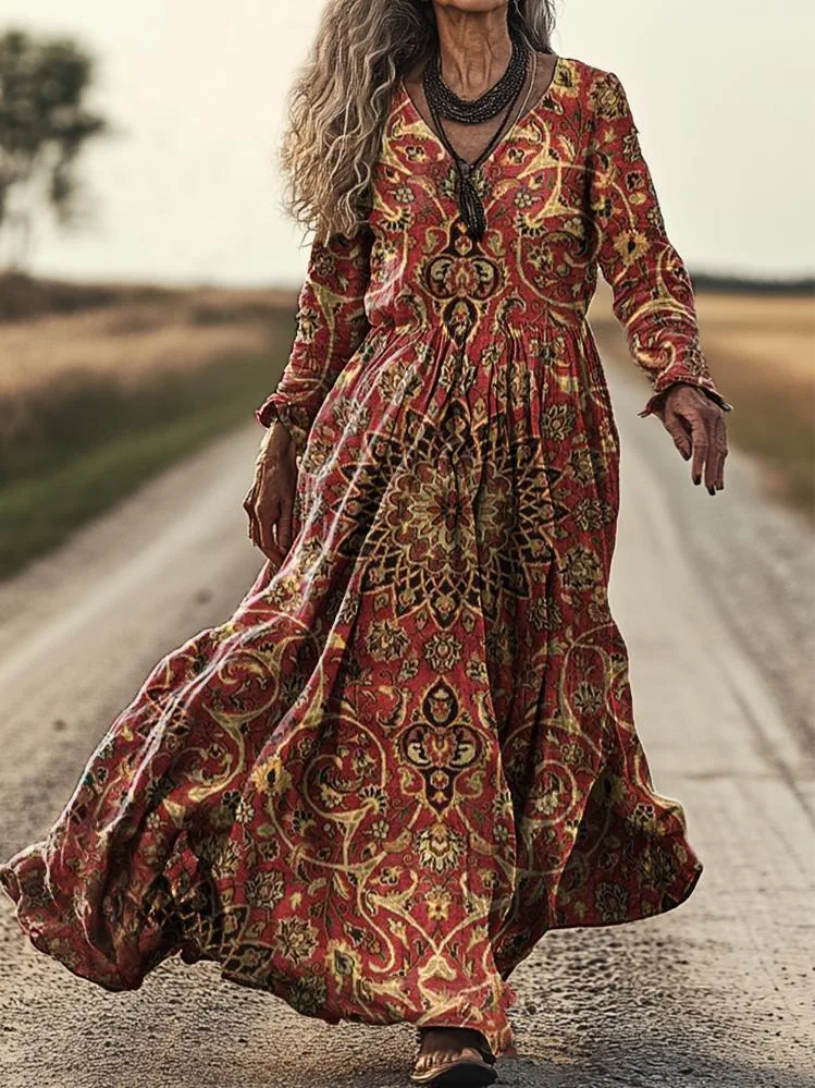 Women's Boho Ethnic Floral Art Pattern Print Pocket Cotton Dress