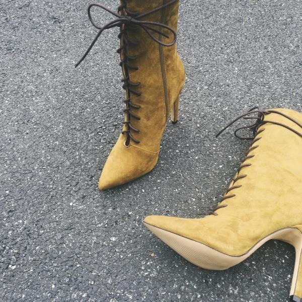 Mustard Lace up Boots Pointy Toe Suede Stiletto Heel Booties |FSJ Shoes