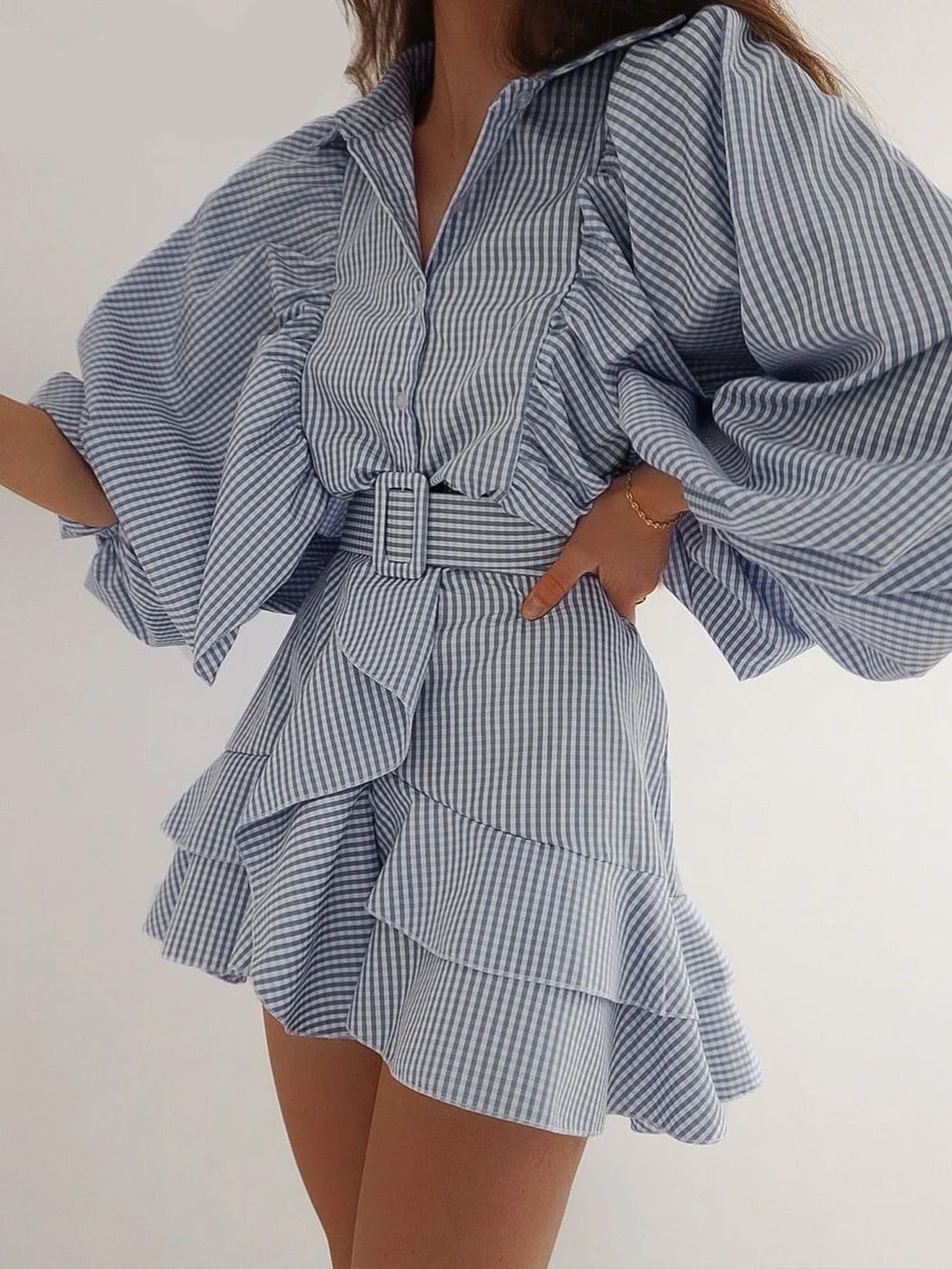 Za belt plaid batwing long sleeve women dress Spring summer blue ruffle shirt dress short Holiday a-line mujer vestido0508