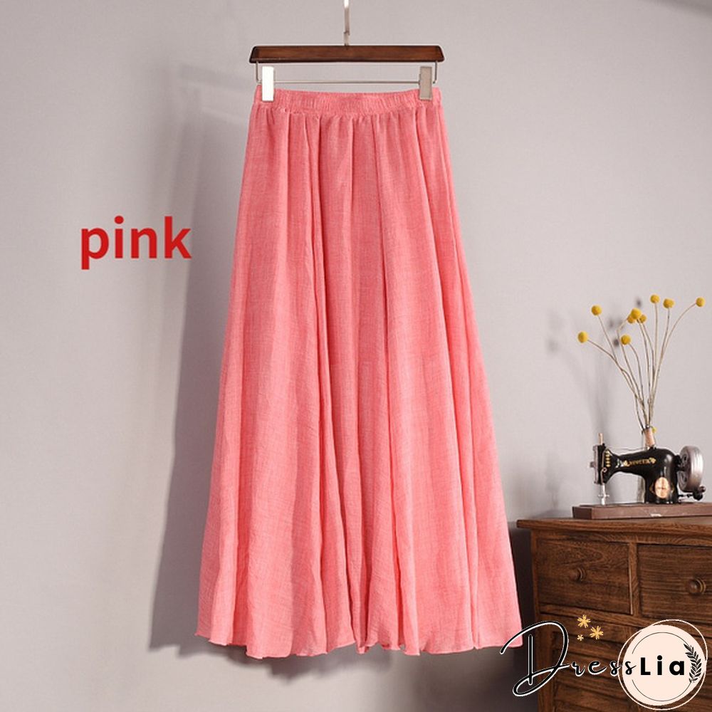 Women Cotton Linen Pleated Maxi Skirt Elastic Waist Vintage Solid Color Boho Beach Spring Summer Pleated Maxi Skirt