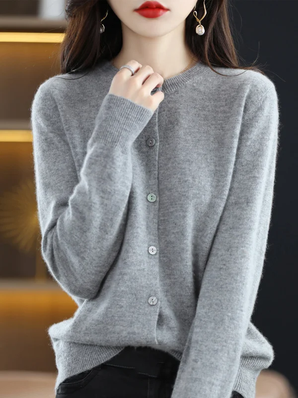 Long Sleeves Buttoned Elasticity Round-Neck Cardigan Tops Knitwear