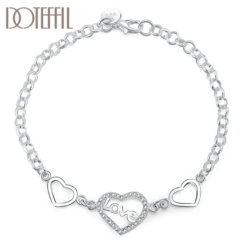 DOTEFFIL 925 Sterling Silver Heart To Heart AAA Zircon Bracelet For Women Jewelry