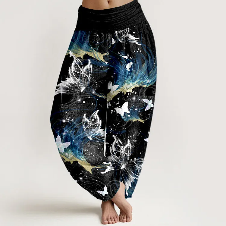 Cotton Dreamlike Butterfly Line Pattern Women's Elastic Waist Harem Pants
